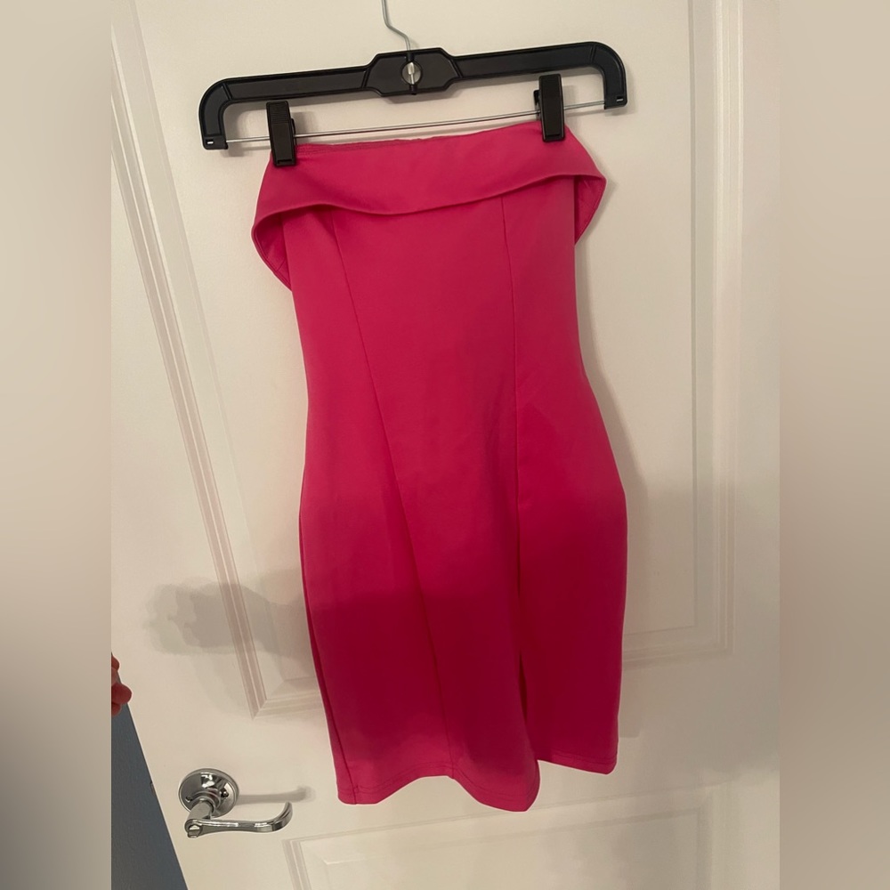 Hot pink strapless SHEIN mini dress with slit